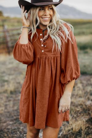 Women’s Rust Brown Corduroy Dress with Puff Sleeves and Button Detail