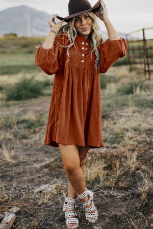 Women’s Rust Brown Corduroy Dress with Puff Sleeves and Button Detail