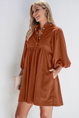 Women’s Rust Brown Corduroy Dress with Puff Sleeves and Button Detail