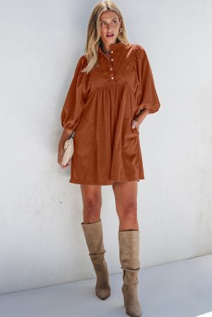 Women’s Rust Brown Corduroy Dress with Puff Sleeves and Button Detail