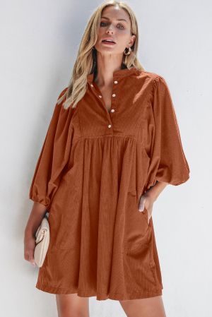 Women’s Rust Brown Corduroy Dress with Puff Sleeves and Button Detail