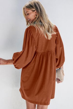 Women’s Rust Brown Corduroy Dress with Puff Sleeves and Button Detail