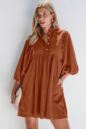 Women’s Rust Brown Corduroy Dress with Puff Sleeves and Button Detail
