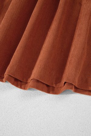 Women’s Rust Brown Corduroy Dress with Puff Sleeves and Button Detail