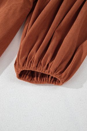Women’s Rust Brown Corduroy Dress with Puff Sleeves and Button Detail