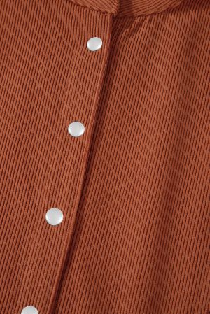 Women’s Rust Brown Corduroy Dress with Puff Sleeves and Button Detail