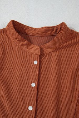 Women’s Rust Brown Corduroy Dress with Puff Sleeves and Button Detail