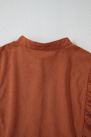 Women’s Rust Brown Corduroy Dress with Puff Sleeves and Button Detail