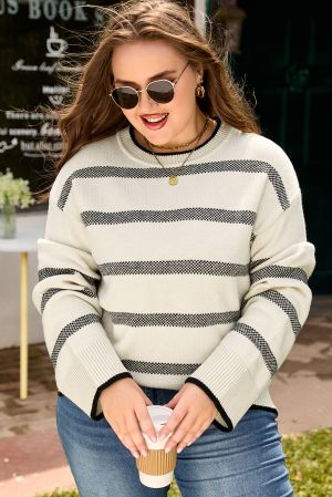 Women's Plus Size Striped Sweater with Drop Shoulder and Wide Sleeves