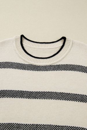 Women's Plus Size Striped Sweater with Drop Shoulder and Wide Sleeves