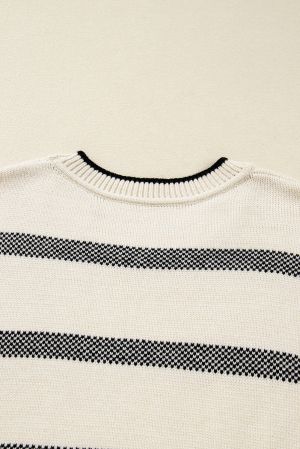 Women's Plus Size Striped Sweater with Drop Shoulder and Wide Sleeves