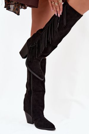 Дамски черни каубойски ботуши от еко велур с ресни