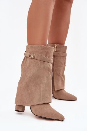 Women’s Beige Faux Suede Ankle Boots with Buckle