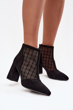 Women’s Black Faux Suede and Mesh Ankle Boots on Block Heel