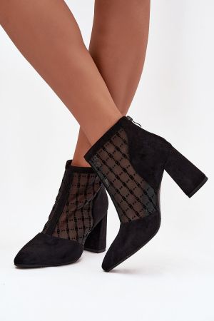 Women’s Black Faux Suede and Mesh Ankle Boots on Block Heel