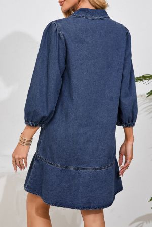 Women’s V Neck Collared Single Chest Pocket Long Sleeve Denim Dress
