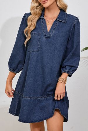 Women’s V Neck Collared Single Chest Pocket Long Sleeve Denim Dress