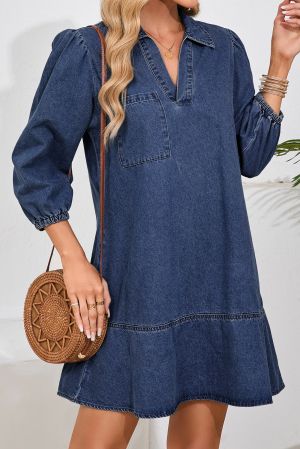 Women’s V Neck Collared Single Chest Pocket Long Sleeve Denim Dress