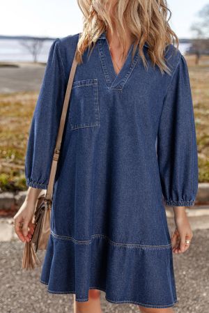 Women’s V Neck Collared Single Chest Pocket Long Sleeve Denim Dress