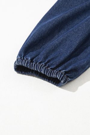 Women’s V Neck Collared Single Chest Pocket Long Sleeve Denim Dress