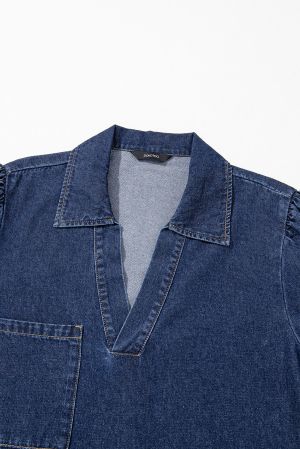Women’s V Neck Collared Single Chest Pocket Long Sleeve Denim Dress