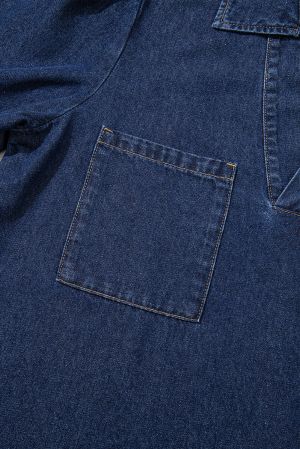 Women’s V Neck Collared Single Chest Pocket Long Sleeve Denim Dress