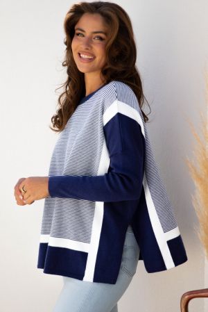 Women’s Blue Stripe Color Block Oversized Tunic Sweater