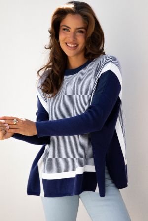 Women’s Blue Stripe Color Block Oversized Tunic Sweater