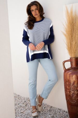 Women’s Blue Stripe Color Block Oversized Tunic Sweater