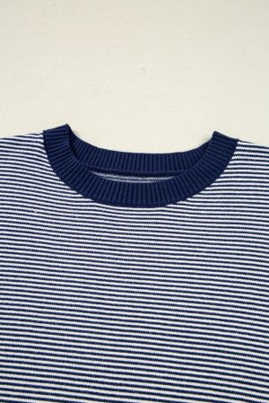 Women’s Blue Stripe Color Block Oversized Tunic Sweater