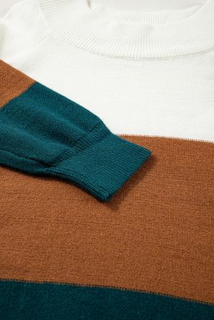 Дамски плетен пуловер с цветни блокове и рипсени кантове, макси размери