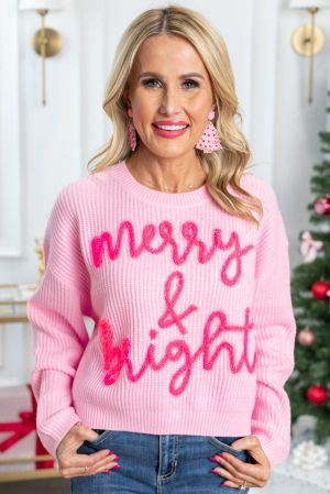 Women's Pink Christmas Sweater “Merry & Bright”