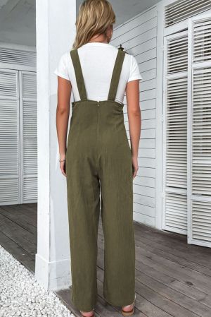 Women's Jungle Green Solid Color Buttoned Straight Leg Overall