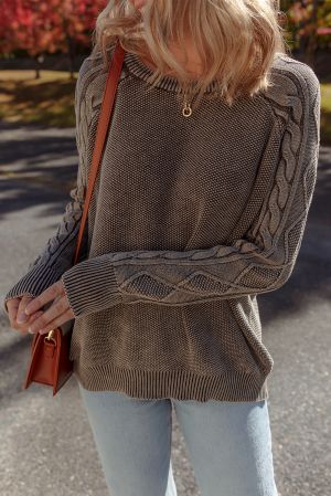 Women’s Dark Brown 100% Cotton Sweater with Cable Knit Sleeves