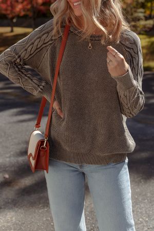 Women’s Dark Brown 100% Cotton Sweater with Cable Knit Sleeves