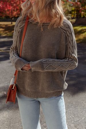 Women’s Dark Brown 100% Cotton Sweater with Cable Knit Sleeves