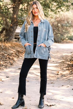 Дамско синьо дънково яке с големи джобове и странични връзки, boyfriend стил