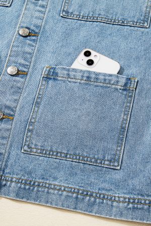 Дамско синьо дънково яке с големи джобове и странични връзки, boyfriend стил