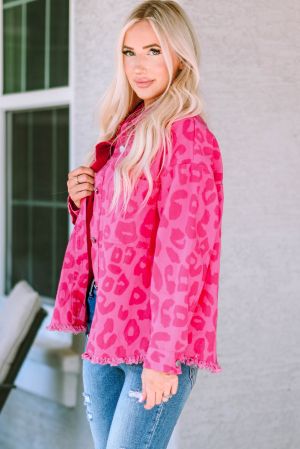 Women's Pink Leopard Print Denim Jacket with Raw Hem,100% Cotton