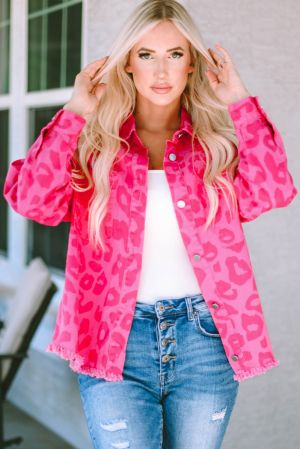 Women's Pink Leopard Print Denim Jacket with Raw Hem,100% Cotton