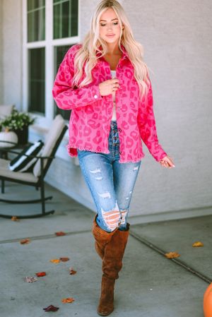Women's Pink Leopard Print Denim Jacket with Raw Hem,100% Cotton