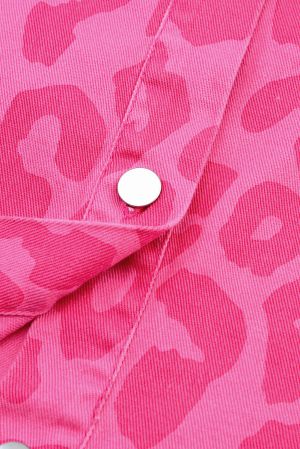Women's Pink Leopard Print Denim Jacket with Raw Hem,100% Cotton