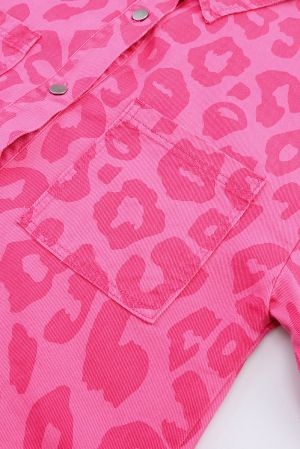 Women's Pink Leopard Print Denim Jacket with Raw Hem,100% Cotton