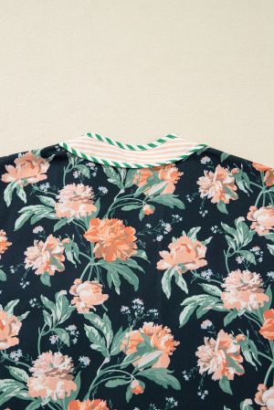 Women's Blue Floral Print Mini Dress with Striped Trim