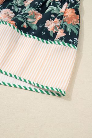 Women's Blue Floral Print Mini Dress with Striped Trim