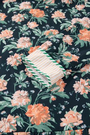 Women's Blue Floral Print Mini Dress with Striped Trim