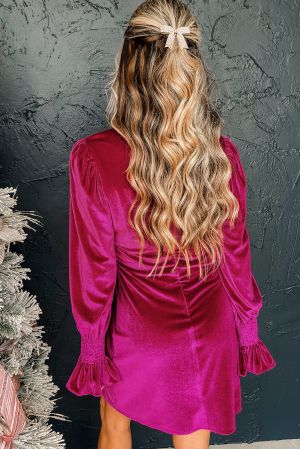 Women's Velvet Mini Dress with Smocked Mock Neck and Puff Sleeves