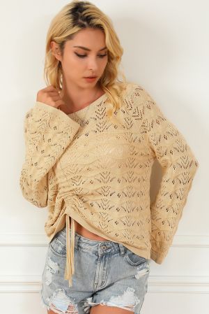 Women’s Beige Knitted Sweater with Drawstrings and Lace Pattern