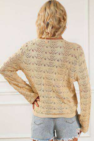 Women’s Beige Knitted Sweater with Drawstrings and Lace Pattern