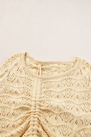Women’s Beige Knitted Sweater with Drawstrings and Lace Pattern